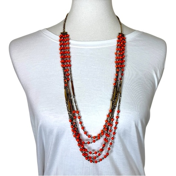 Cookie Lee Women’s Necklace Bracelet Set Multi Strand Beaded Orange Gold 17” - Picture 1 of 14